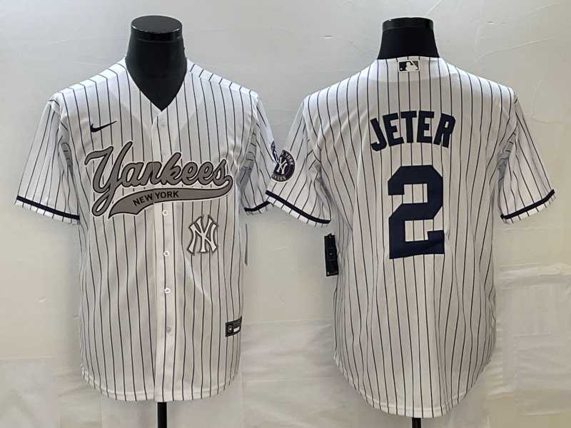 Men%27s New York Yankees #2 Derek Jeter White With Patch Cool Base Stitched Baseball Jersey